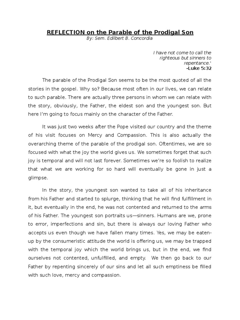 Reflection On The Parable of The Prodigal Son PDF Mercy Sin
