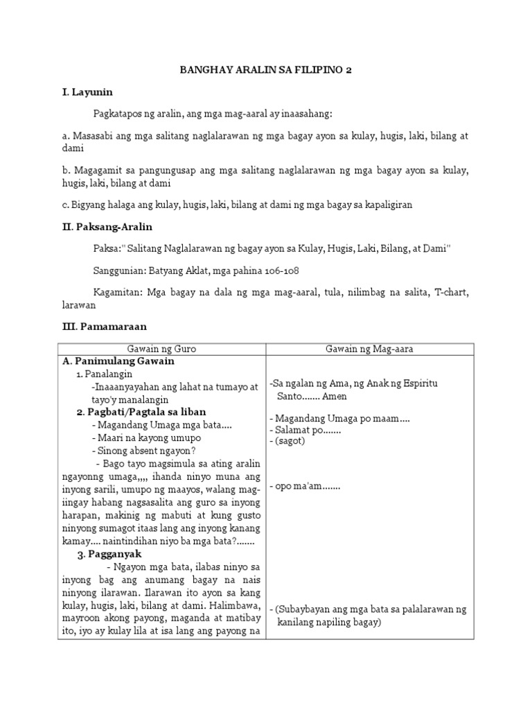 Banghay Aralin Sa Filipino 2