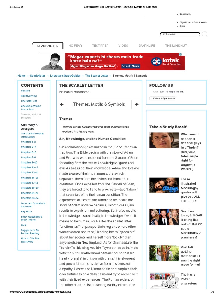 SparkNotes The Scarlet Letter Themes Motifs Symbols The 