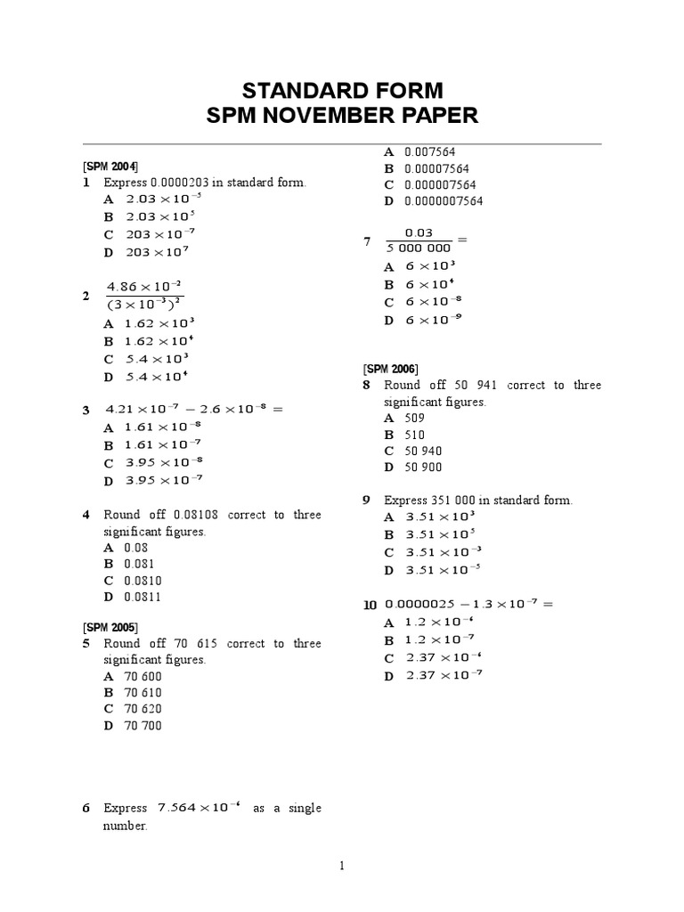 SPM Standard Form Practice Questions | PDF