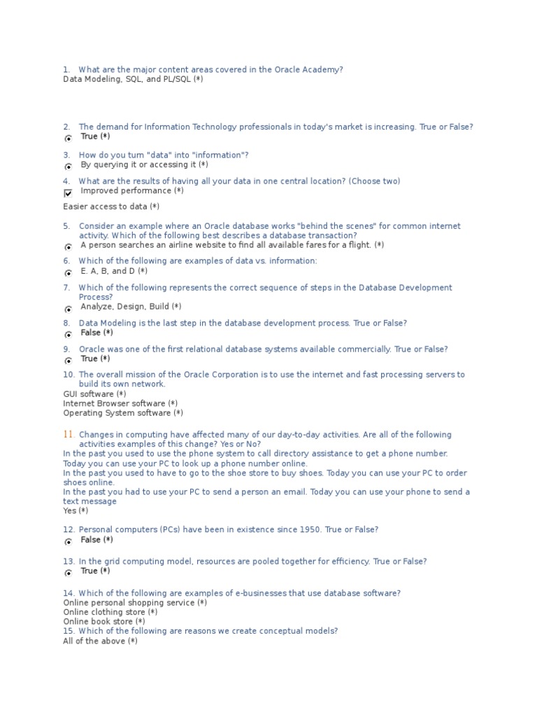 Oracle Academy, Quiz Answer Section 1 2 3, data base