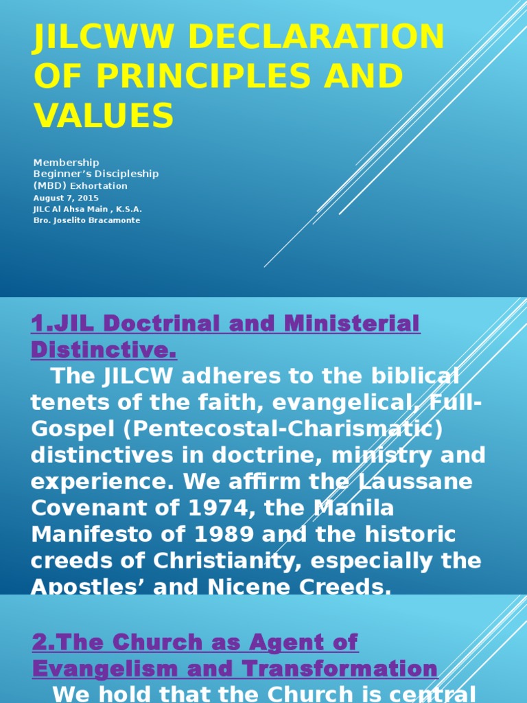 JILCWW Declaration of Principles and Values Evangelism Marriage