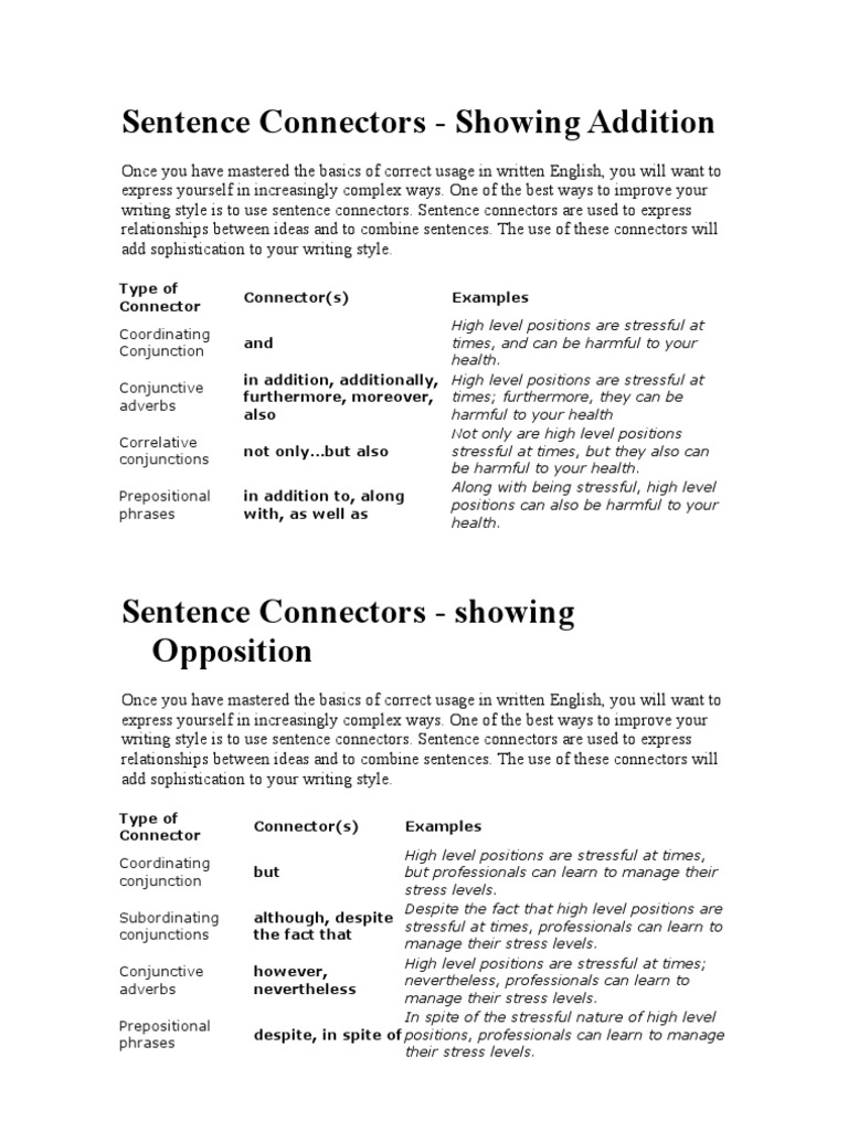 Sentence Connectors PDF Preposition And Postposition English Language