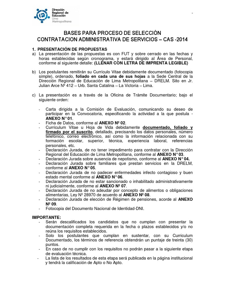 Bases para Proceso de Seleccion Cas Drelm | PDF | Comunicación | Plan ...