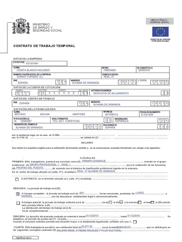 Ejemplo de Contrato Indefinido Rellenado PDF Salario Euro
