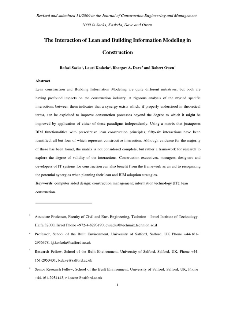 Interaction of Lean and BIM in Construction Plus Figures PDF | PDF ...