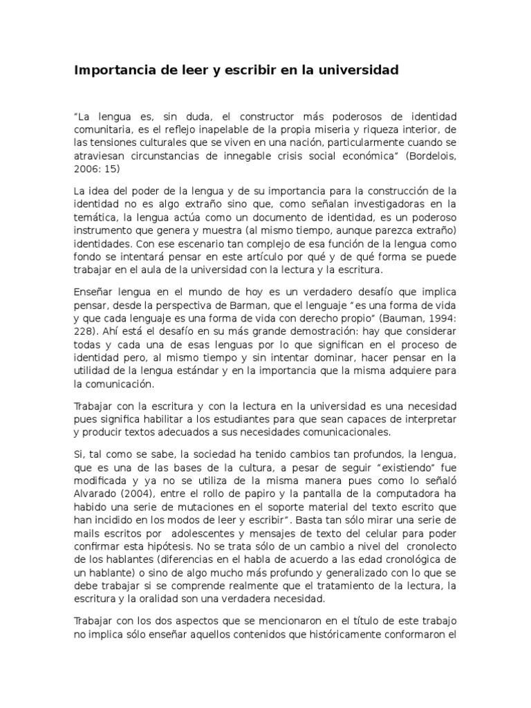 Importancia de Leer y Escribir en La Universidad | PDF | Lectura ...