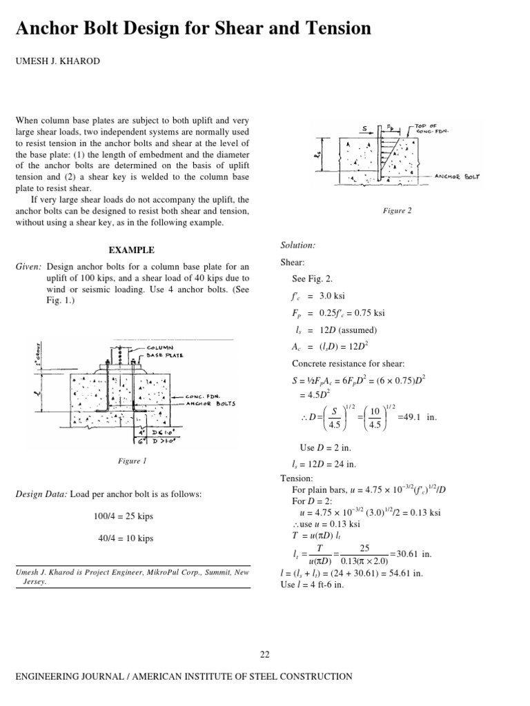 Anchor Bolt Design for Shear and Tension Screw Stress (Mechanics)