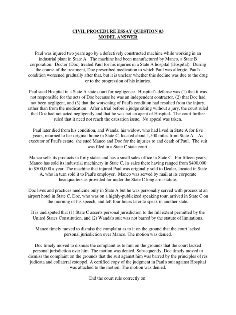 Personal jurisdiction essay answer picture