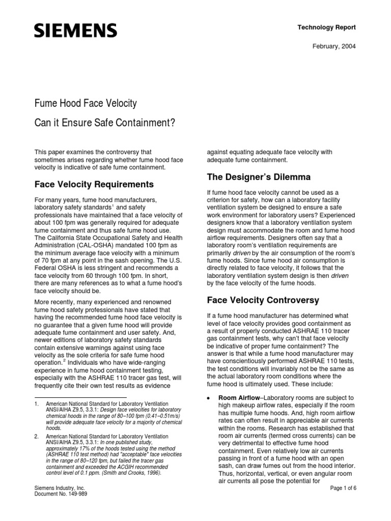 Fume Hood Face Velocity Can It Ensure Safe Containment Technology