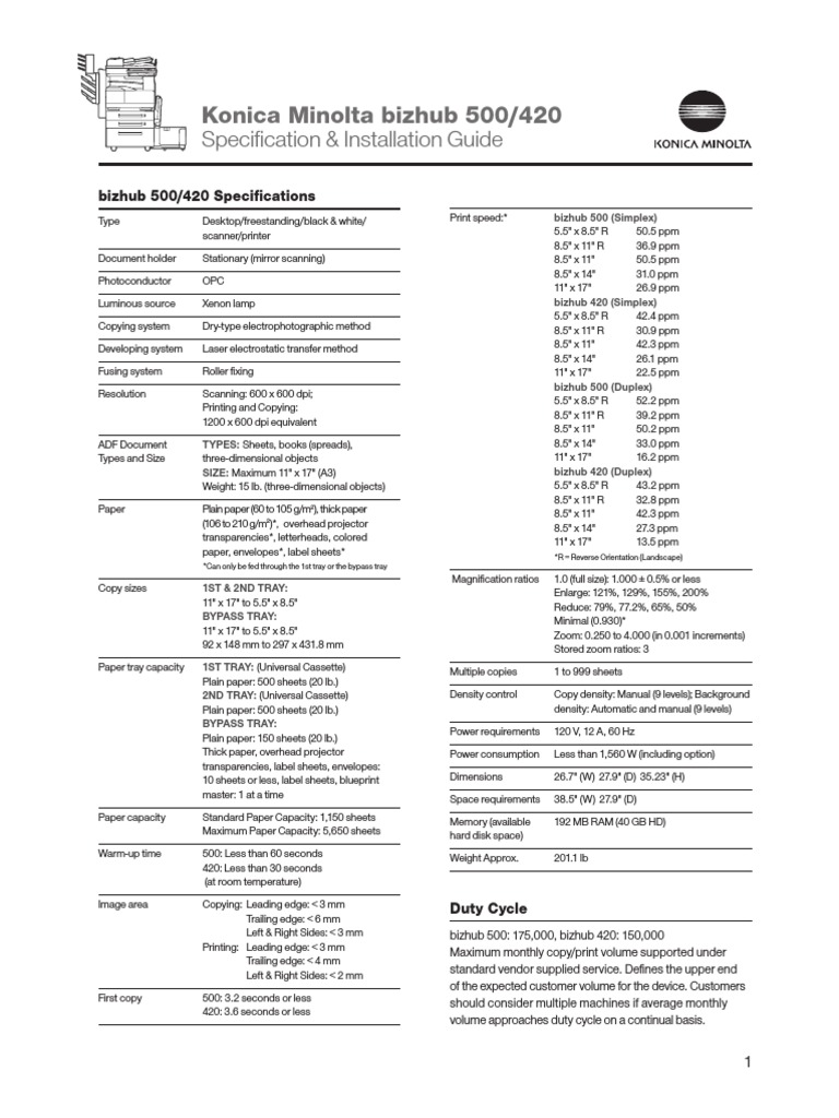 ... Printer pdf manual download.. Bizhub 500 420 Spec Install Guide V4 |  Image Scanner | Microsoft Windows