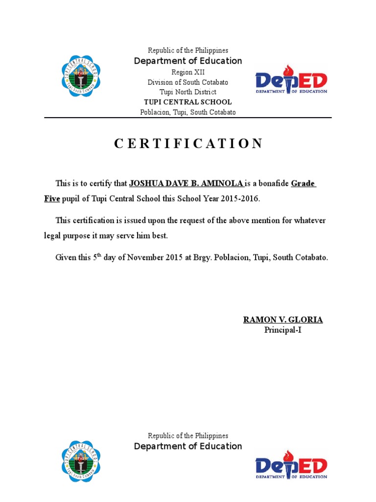 Certification of Enrolment Sample
