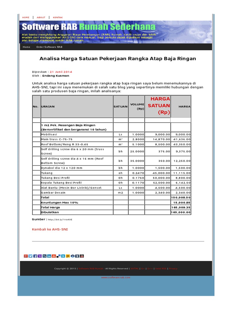  Analisa  Harga Satuan Pekerjaan Rangka Atap  Baja  Ringan  htm