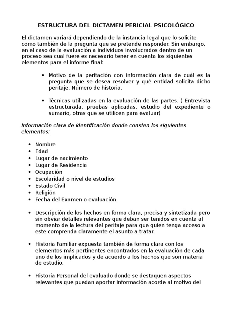 Estructura Del Dictamen Pericial Psicológico | PDF | Mente | Enfermedad