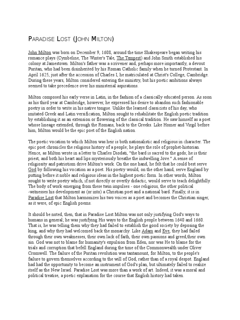 Paradise Lost Is An Epic Poem PDF Paradise Lost Adam And Eve
