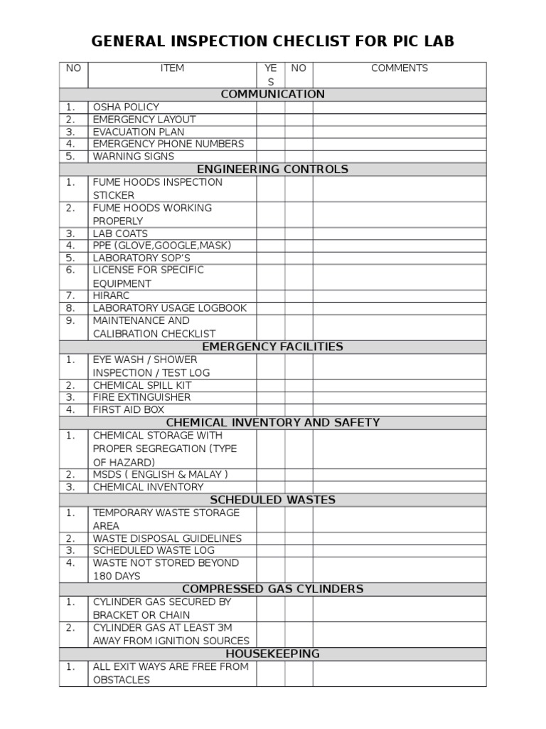General Inspection Checlist For Pic Lab | PDF | Technology & Engineering
