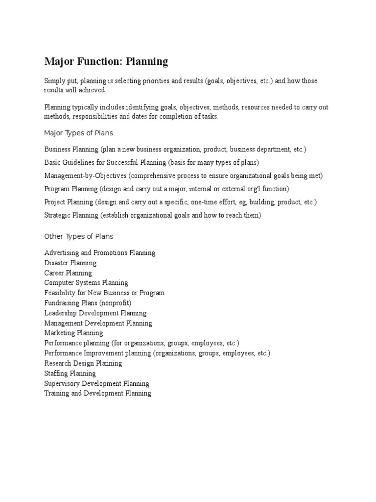 Major Function: Planning: Major Types of Plans | PDF | Strategic