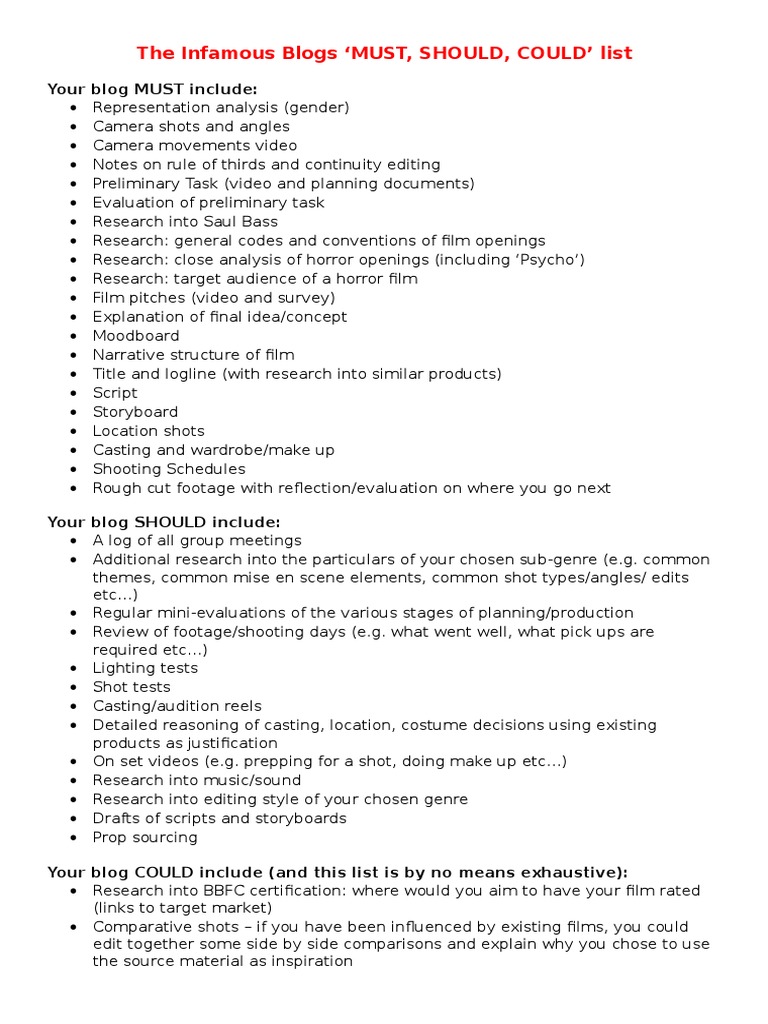 Essential Blog Checklist for Filmmaking | PDF