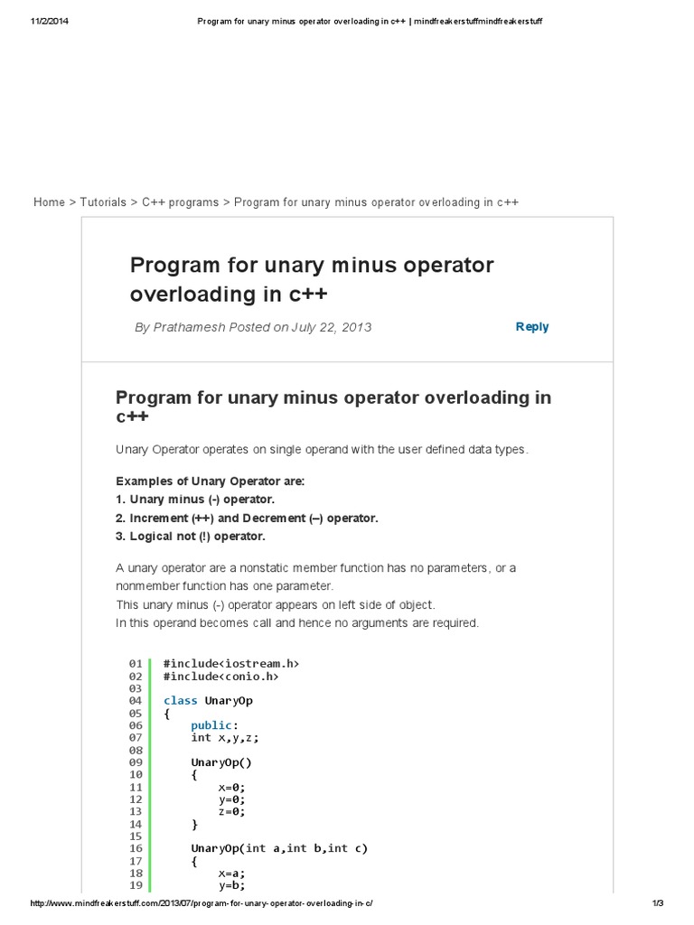 Unary Minus Operator Overloading In C C Subroutine