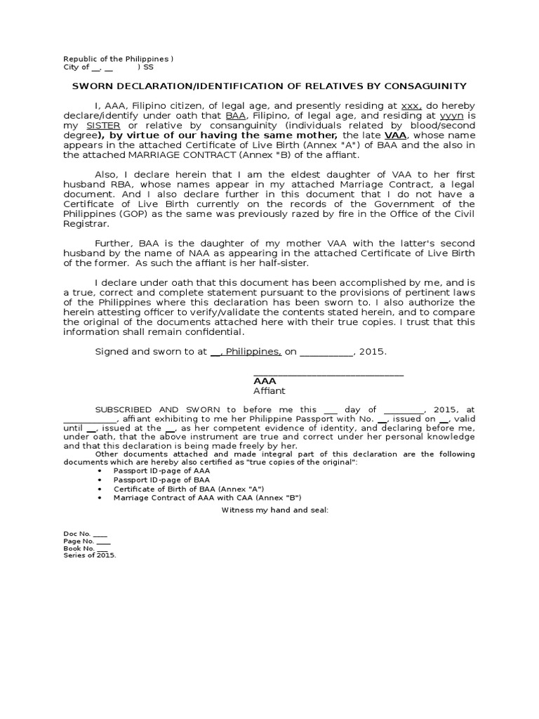 Affidavit of Consanguinity - Sisters | PDF