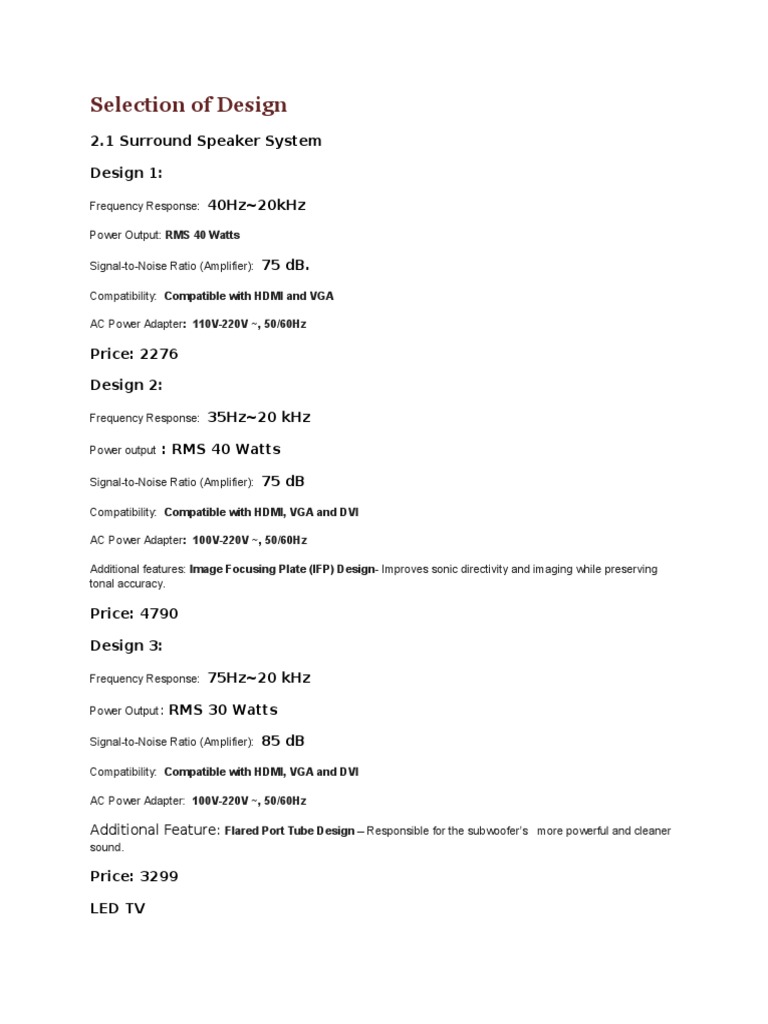 Selection of Design: 2.1 Surround Speaker System Design 1: 40Hz 20Khz | PDF