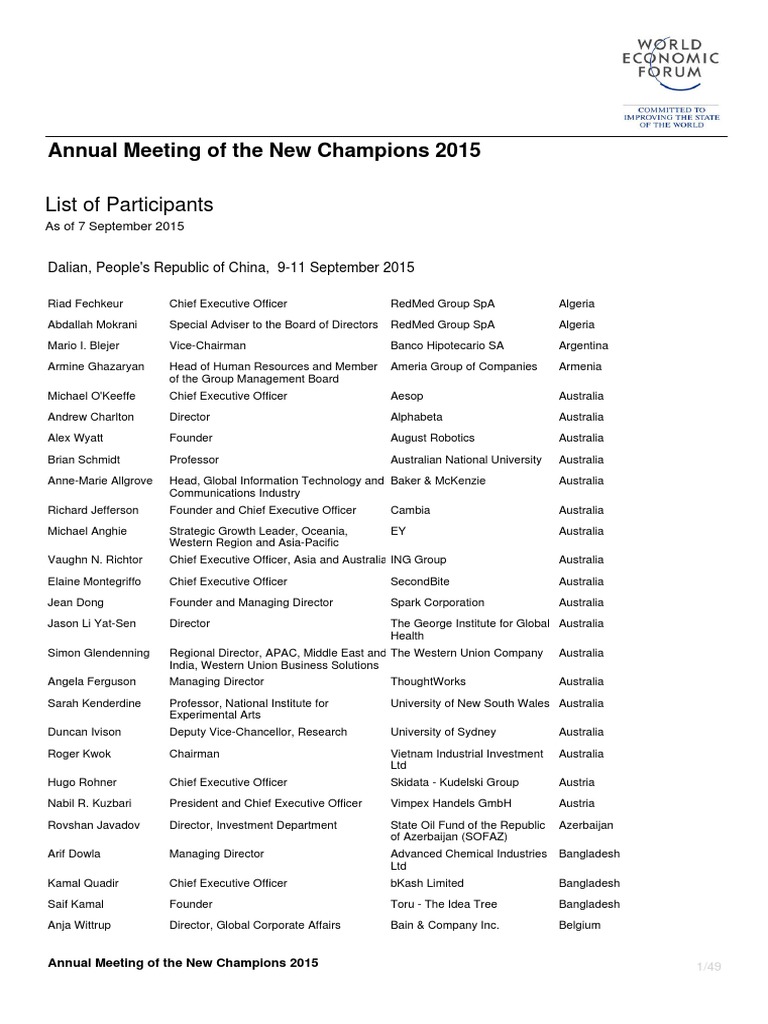 World Economic Forum - Annual Meeting of The New Champions 2015 - List of  Participants | PDF