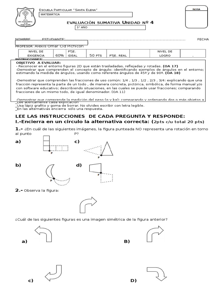 Prueba Matematicas Unidad 4 Tercero | PDF | Fracción (Matemáticas ...