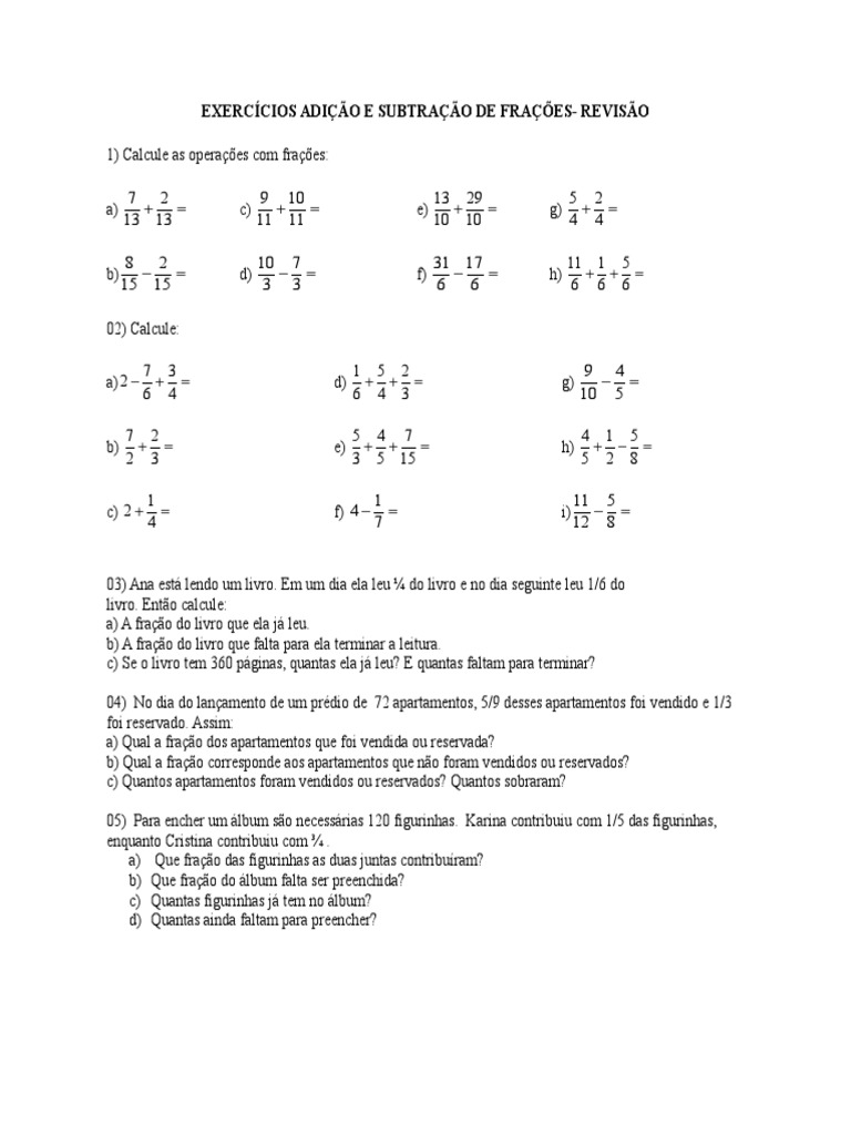 Exercícios de Adição e Subtração de Frações | PDF