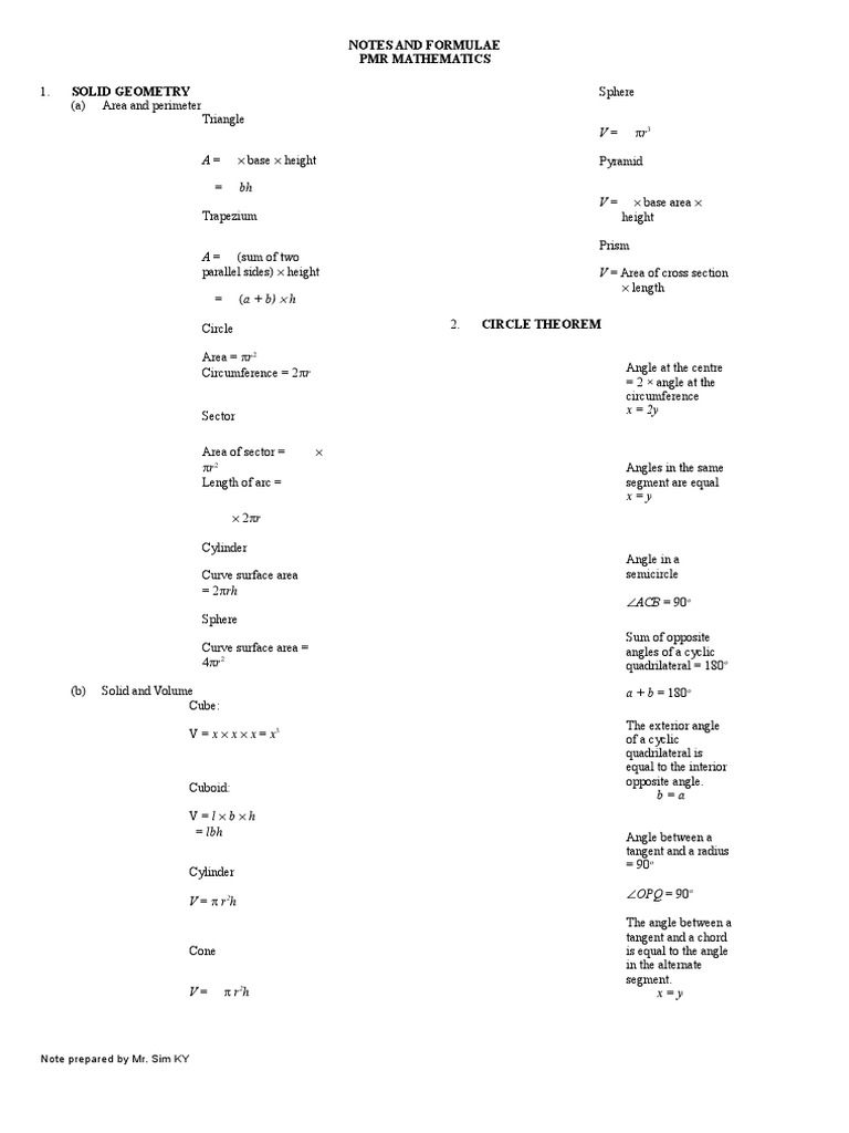 Maths PMR Form 3 Notes PDF Area Circle
