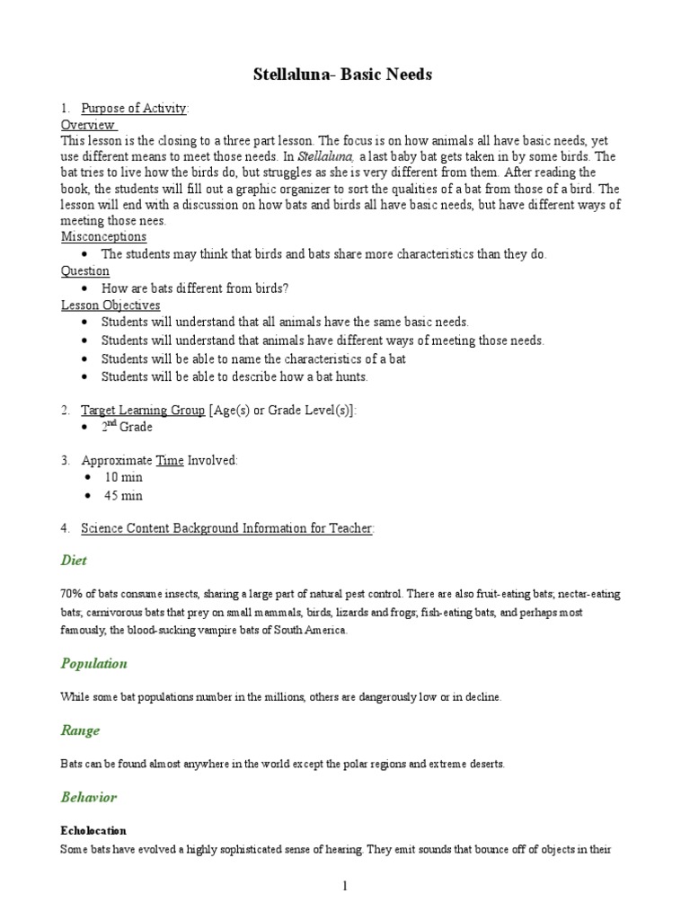 Stellaluna: Bats vs. Birds Lesson Plan | PDF | Bat | Educational Assessment