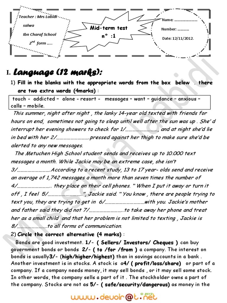 Devoir de Contrôle N°1 Anglais 2ème Economie & Gestion (20122013