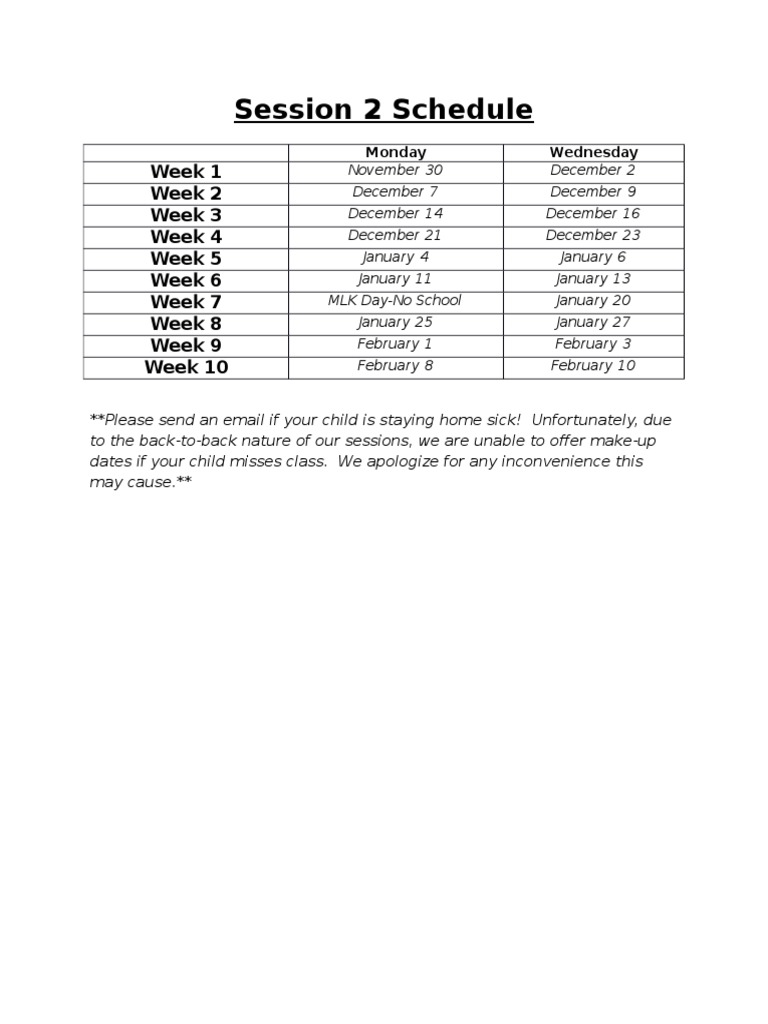 Session 2 Weekly Schedule | PDF