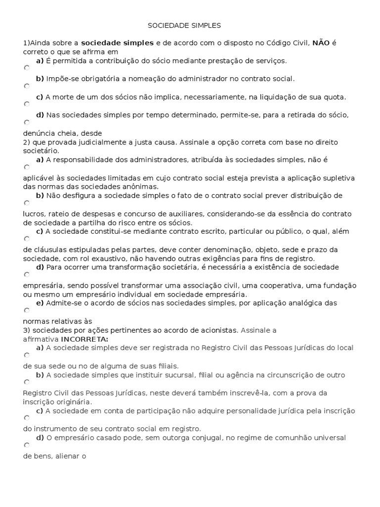 Sociedade Simples | PDF | Companhia limitada | Lei das Obrigações