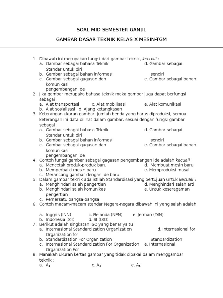 Soal Mid Semester Gambar Dasar Teknik Kelas X Teknik Mesin