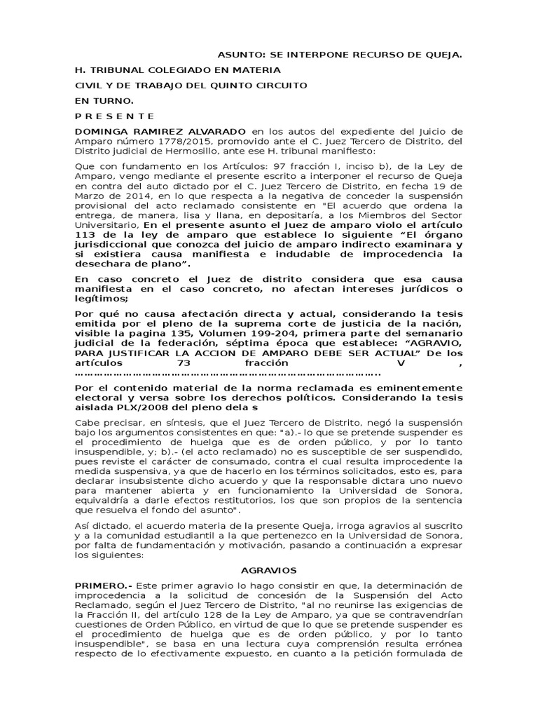 Recurso de Queja en Juicio de Amparo | PDF | Derechos humanos | Derecho ...