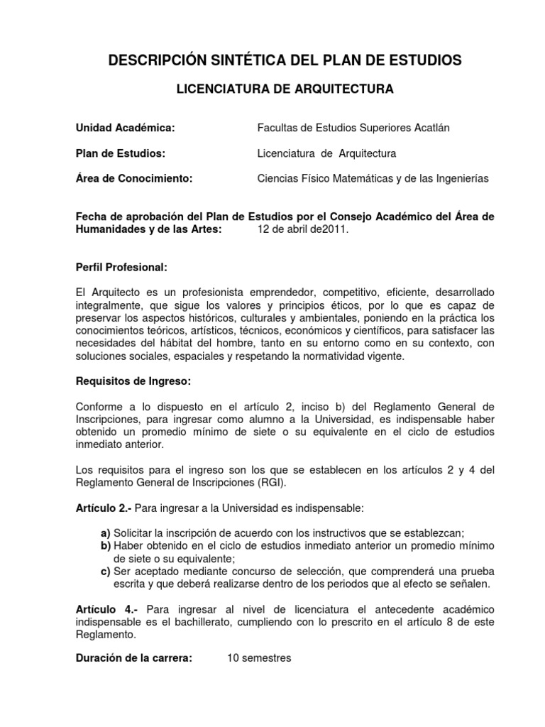 Plan de Estudios Arquitectura FES Acatlán | PDF | Diseño | Plan de estudios
