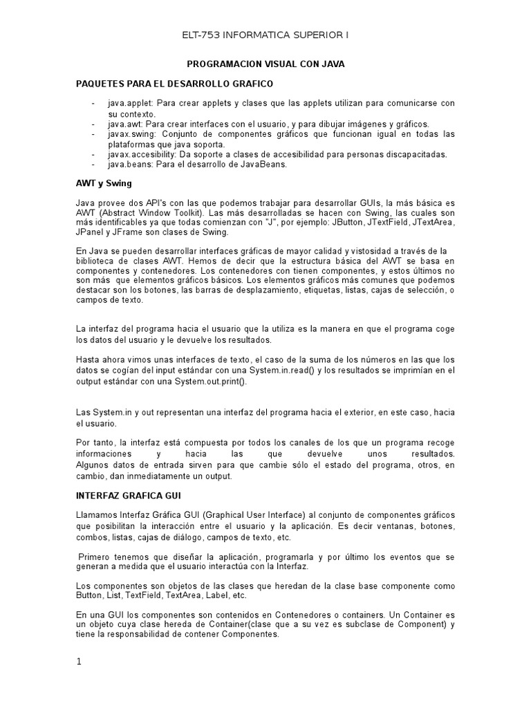 Programación de Interfaces Gráficas en Java | PDF | Java (lenguaje de ...