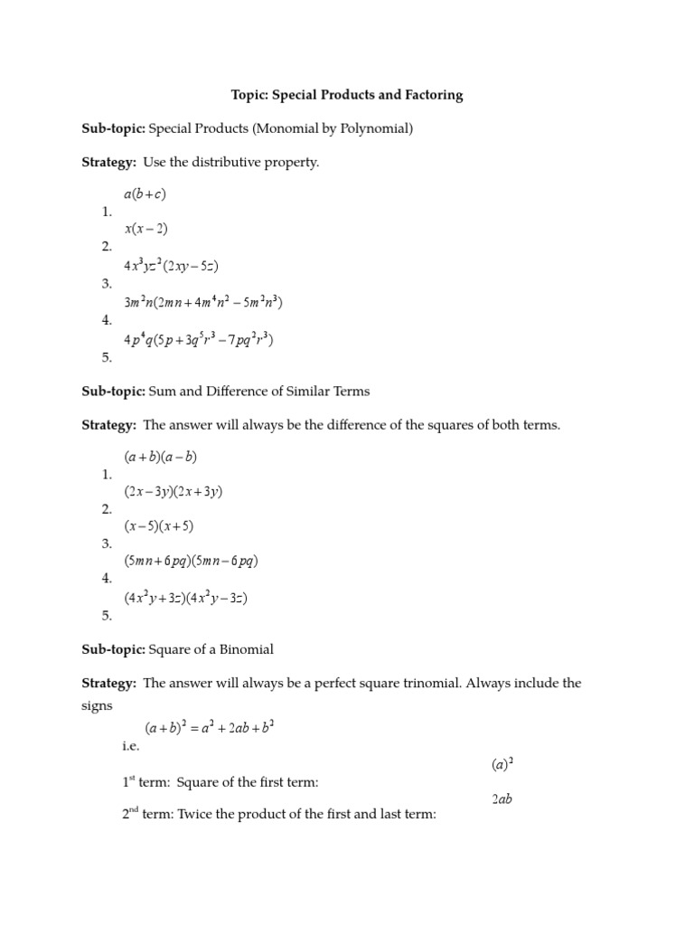 Special Products and Factoring Factorization Numerical Analysis