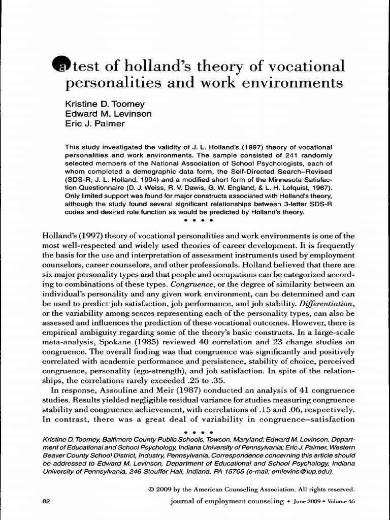 A Test of Holland's Theory of Vocational Personalities and Work