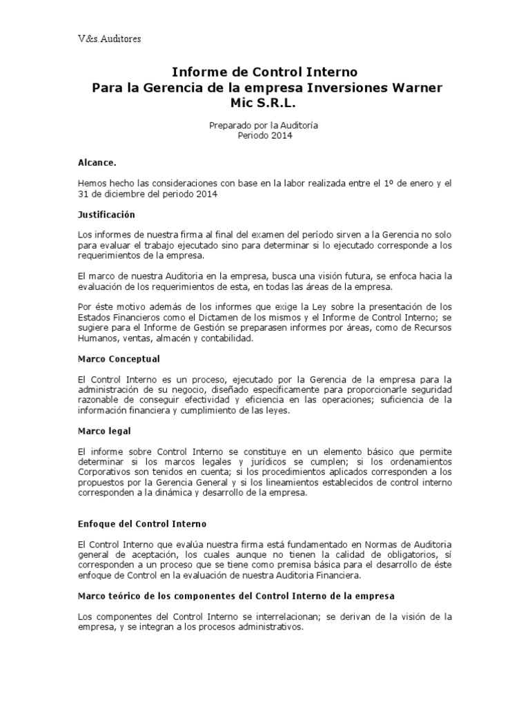 Informe de Control Interno 2014 | PDF | Contabilidad | Auditoría financiera