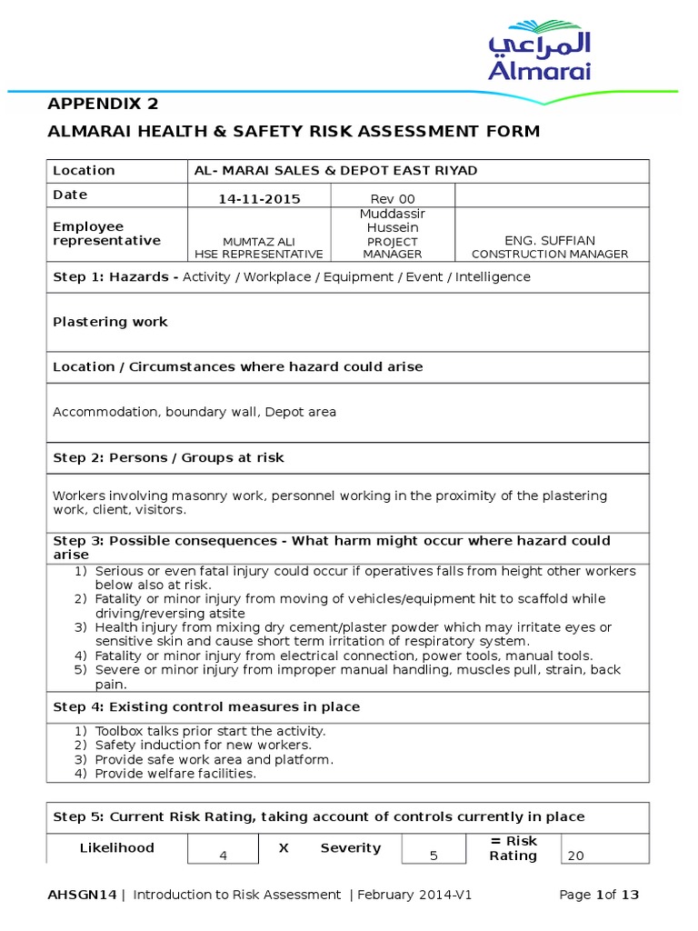 Almarai Plastering Safety Assessment | PDF | Scaffolding | Risk