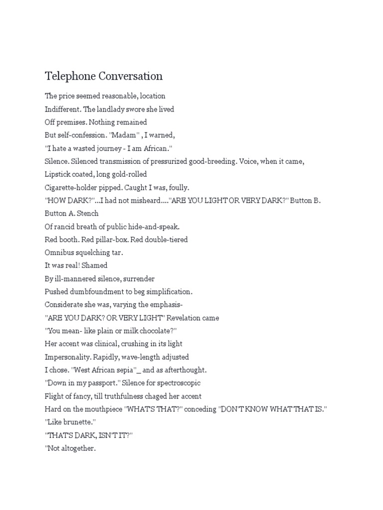 Wole Soyinka's Telephone Conversation | PDF | Mystery, Thriller & Crime ...