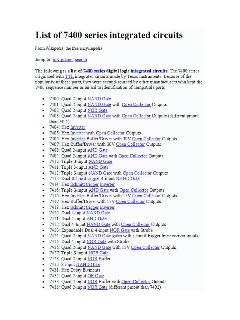 Comprehensive Listing of Texas Instruments 7400 Series Digital Logic Integrated Circuits PDF