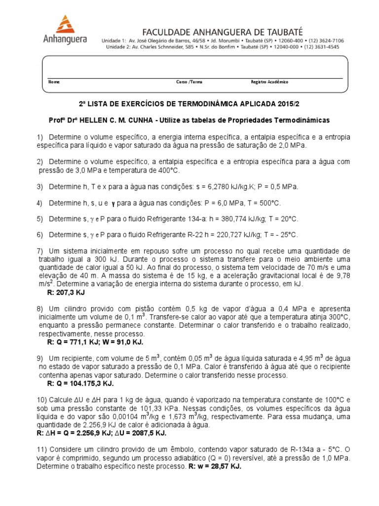Lista de Exercícios de Termodinâmica | PDF | Calor | Temperatura