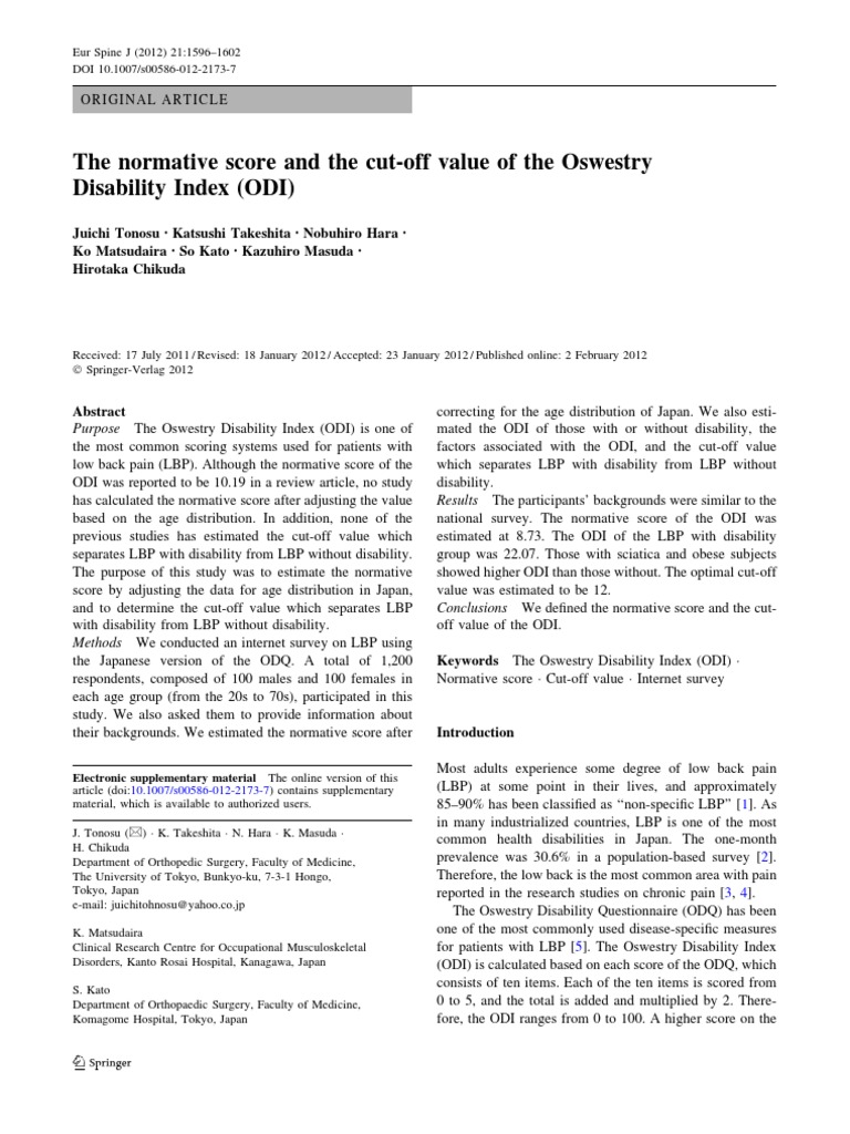 The Normative Score and The Cut-Off Value of The Oswestry Disability ...