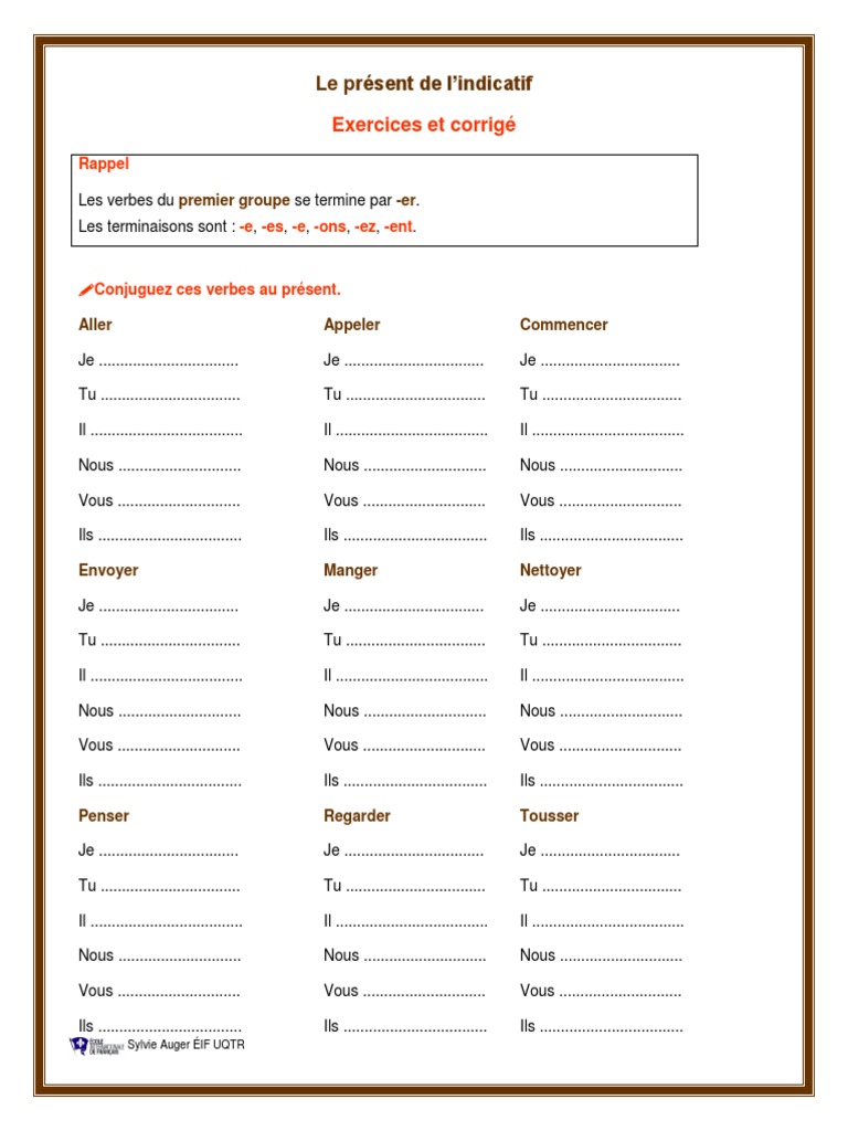 Conjuguer Attendre Au Présent De L indicatif Le Present de L'indicatif Exercices Et Corrige Web | PDF