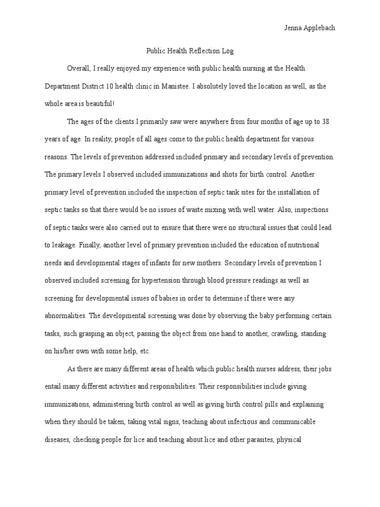 Public Health Nursing Experience Reflection | PDF | Nursing | Public Health