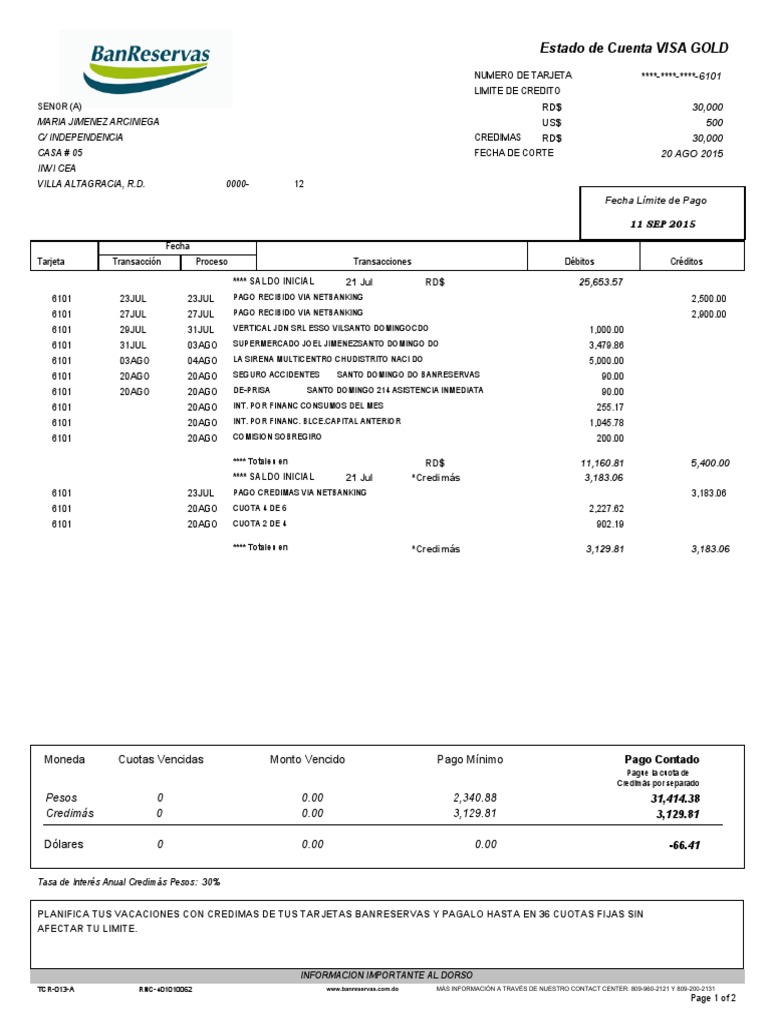 Estado de Cuenta VISA Gold Banreservas | PDF | Moneda