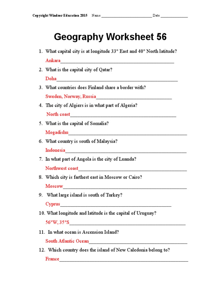 Geography Worksheet: Capital Cities &amp; Borders | PDF | Travel