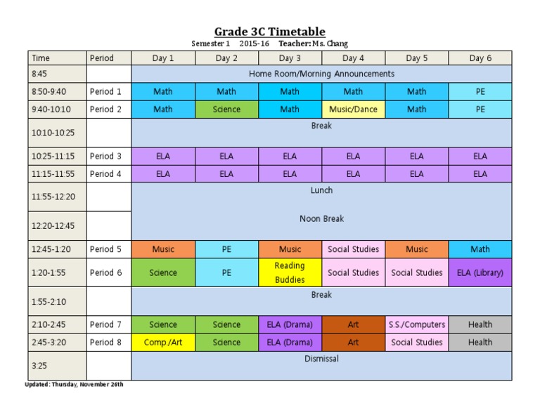 Grade 3C Semester 1 Timetable | PDF | Language Arts & Discipline ...